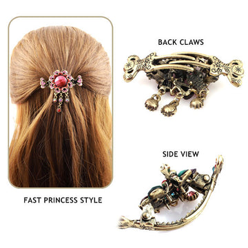 Rhinestone Antique Brass Finish Peacock Mini Claw w/ Tassels Purple